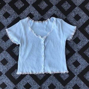 Girls Light Blue Ribbed Button-Front Top with Lace Trim